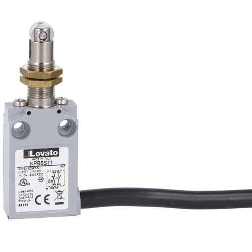 Lovato KPB6S11, Prewired Metal Limit Switch with 2m Long Cable, K Series, Top Metal Roller Push Plunger, M12 Head, Contacts 1NO+1NC Snap Action
