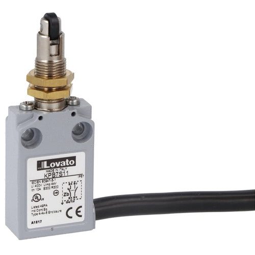Lovato KPB7S11, Prewired Metal Limit Switch with 2m Long Cable, K Series, Top Plastic Roller Push Plunger, M12 Head, Contacts 1NO+1NC Snap Action, Roller Operation Perpendicular to Switch Body