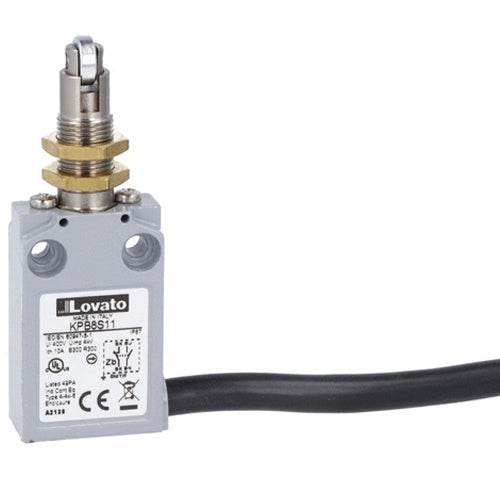 Lovato KPB8S11, Prewired Metal Limit Switch with 2m Long Cable, K Series, Top Metal Roller Push Plunger, M12 Head, Contacts 1NO+1NC Snap Action, Roller Operation Perpendicular to Switch Body