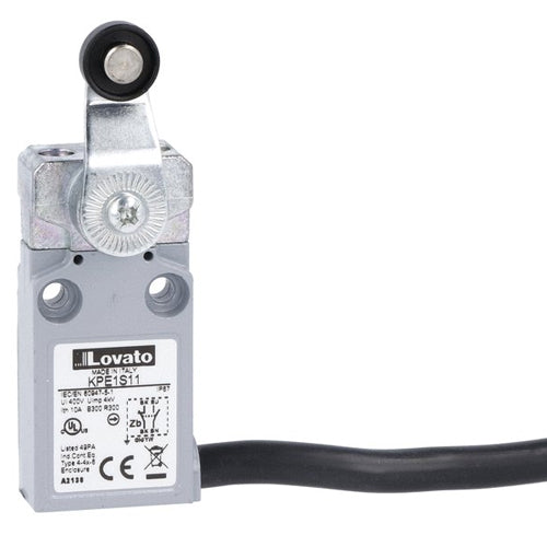 Lovato KPE1S11, Prewired Metal Limit Switch with 2m Long Cable, K Series, Plastic Roller Lever Plunger, Contacts 1NO+1NC Snap Action
