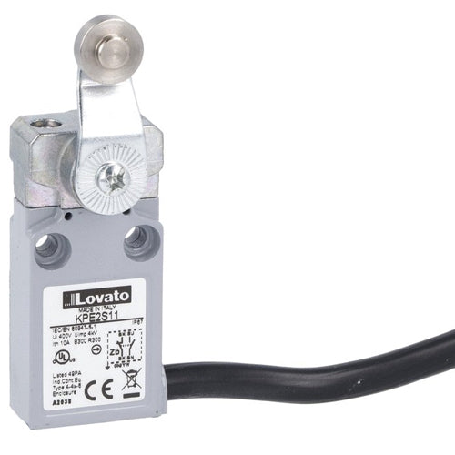 Lovato KPE2S11, Prewired Metal Limit Switch with 2m Long Cable, K Series, Metal Roller Lever Plunger, Contacts 1NO+1NC Snap Action