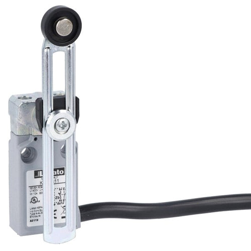 Lovato KPF1S11, Prewired Metal Limit Switch with 2m Long Cable, K Series, Adjustable Plastic Roller Lever Plunger, Contacts 1NO+1NC Snap Action