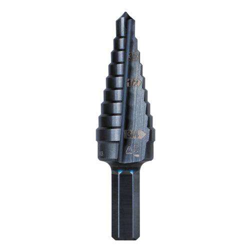 Klein Tools KTSB03, 9-Step Drill Bit, 3/8-Inch Hex, Double Straight Flute, 1/4-Inch to 3/4-Inch