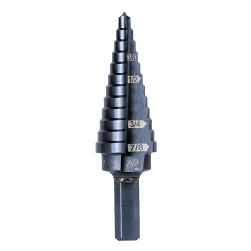 Klein Tools KTSB14, 12-Step Drill Bit, 3/8-Inch Hex, Double Straight Flute, 3/16-Inch to 7/8-Inch