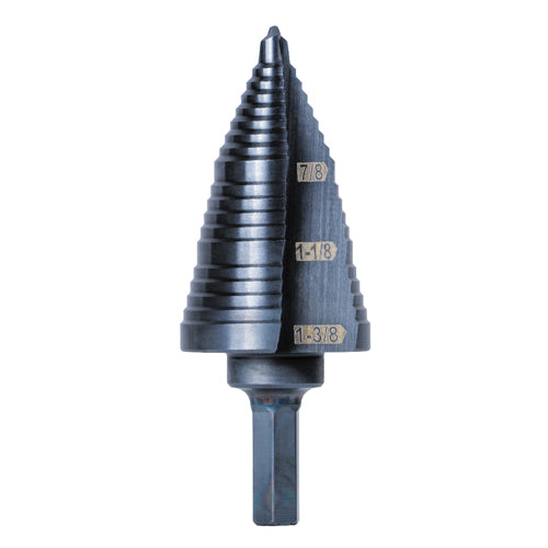 Klein Tools KTSB15, 3-Step Drill Bit, 3/8-Inch Hex, Double Straight Flute, 7/8-Inch to 1-3/8-Inch