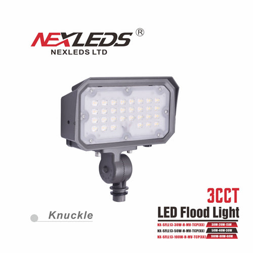 NEXLEDS NXSFLL-13-30W-H-MV-TCP(Knuckle), 3CCT LED Flood Light, CCT and Wattage Adjustable, 120-347VAC, 15/20/30W, 130LM/W, 3000/4000/5000K, Bronze, Knuckle Mount