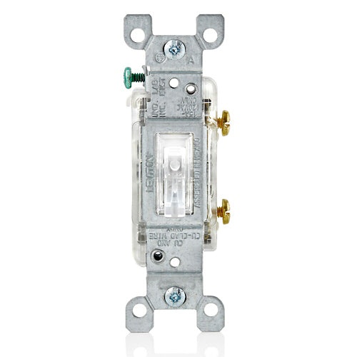 Leviton L1461-2C, 6000K LED Illuminated Single Pole AC Quiet Toggle Switch, Residential Grade, 15 Amp, 120 Volt, Grounding, Quickwire and Side Wired, Clear