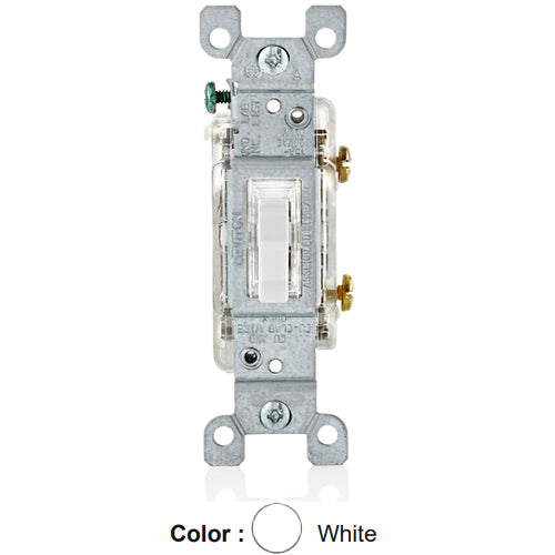 Leviton L1461-2W, 6000K LED Illuminated Single Pole AC Quiet Toggle Switch, Residential Grade, 15 Amp, 120 Volt, Grounding, Quickwire and Side Wired, White