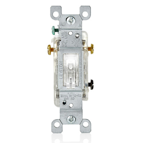 Leviton L1463-2C, 6000K LED Illuminated 3-Way AC Quiet Toggle Switch, Residential Grade, 15 Amp, 120 Volt, Grounding, Quickwire and Side Wired, Clear