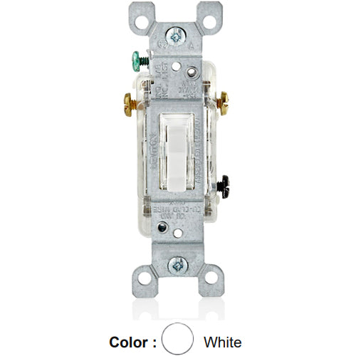 Leviton L1463-2W, 6000K LED Illuminated 3-Way AC Quiet Toggle Switch, Residential Grade, 15 Amp, 120 Volt, Grounding, Quickwire and Side Wired, White