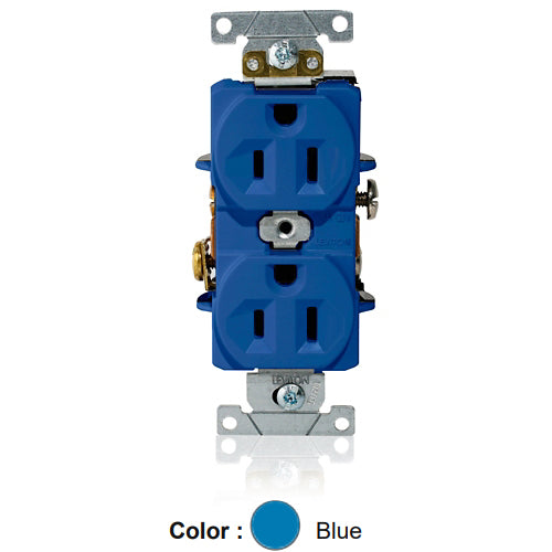Leviton L5262-BU, Standard Straight Blade Duplex Receptacle, Heavy-Duty Industrial Specification Grade, Indented Face, 15A 125V, NEMA 5-15R, 2-Pole, 3-Wire, Single Piece Ground Shunt, Back and Side Wire, Blue