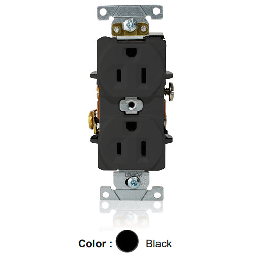 Leviton L5262-E, Standard Straight Blade Duplex Receptacle, Heavy-Duty Industrial Specification Grade, Indented Face, 15A 125V, NEMA 5-15R, 2-Pole, 3-Wire, Single Piece Ground Shunt, Back and Side Wire, Black