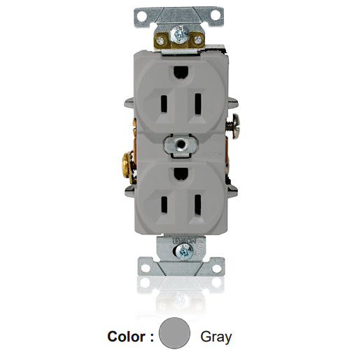 Leviton L5262-GY, Standard Straight Blade Duplex Receptacle, Heavy-Duty Industrial Specification Grade, Indented Face, 15A 125V, NEMA 5-15R, 2-Pole, 3-Wire, Single Piece Ground Shunt, Back and Side Wire, Gray