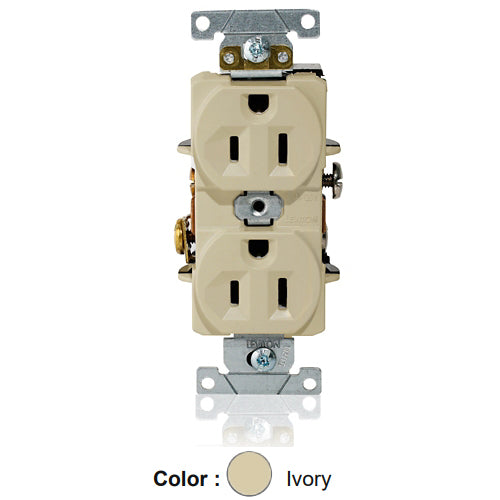 Leviton L5262-I, Standard Straight Blade Duplex Receptacle, Heavy-Duty Industrial Specification Grade, Indented Face, 15A 125V, NEMA 5-15R, 2-Pole, 3-Wire, Single Piece Ground Shunt, Back and Side Wire, Ivory