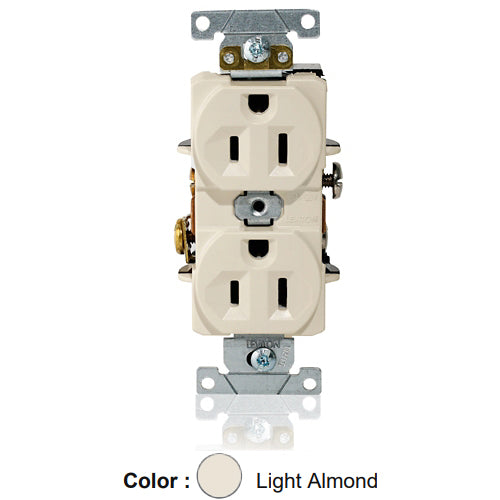 Leviton L5262-T, Standard Straight Blade Duplex Receptacle, Heavy-Duty Industrial Specification Grade, Indented Face, 15A 125V, NEMA 5-15R, 2-Pole, 3-Wire, Single Piece Ground Shunt, Back and Side Wire, Light Almond