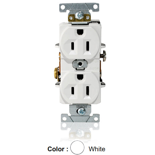 Leviton L5262-W, Standard Straight Blade Duplex Receptacle, Heavy-Duty Industrial Specification Grade, Indented Face, 15A 125V, NEMA 5-15R, 2-Pole, 3-Wire, Single Piece Ground Shunt, Back and Side Wire, White