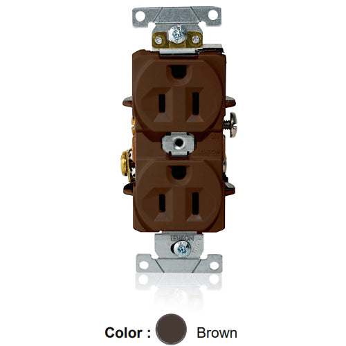 Leviton L5262, Standard Straight Blade Duplex Receptacle, Heavy-Duty Industrial Specification Grade, Indented Face, 15A 125V, NEMA 5-15R, 2-Pole, 3-Wire, Single Piece Ground Shunt, Back and Side Wire, Brown