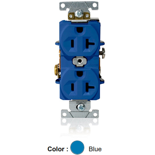 Leviton L5362-BU, Standard Straight Blade Duplex Receptacle, Heavy-Duty Industrial Specification Grade, Indented Face, 20A 125V, NEMA 5-20R, 2-Pole, 3-Wire, Single Piece Ground Shunt, Back and Side Wire, Blue