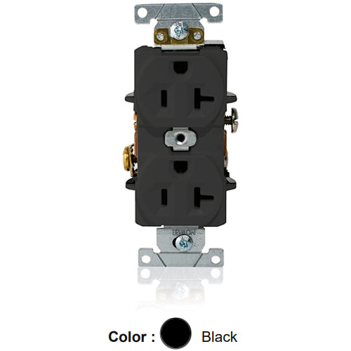 Leviton L5362-E, Standard Straight Blade Duplex Receptacle, Heavy-Duty Industrial Specification Grade, Indented Face, 20A 125V, NEMA 5-20R, 2-Pole, 3-Wire, Single Piece Ground Shunt, Back and Side Wire, Black