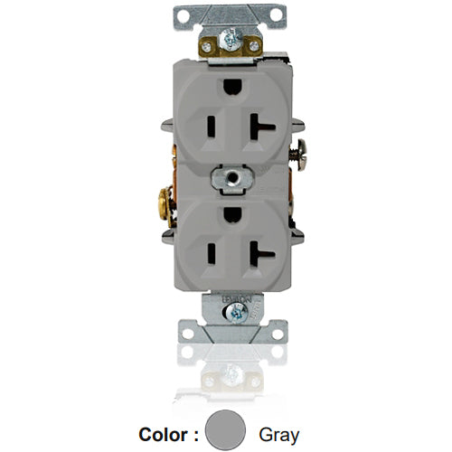 Leviton L5362-GY, Standard Straight Blade Duplex Receptacle, Heavy-Duty Industrial Specification Grade, Indented Face, 20A 125V, NEMA 5-20R, 2-Pole, 3-Wire, Single Piece Ground Shunt, Back and Side Wire, Gray