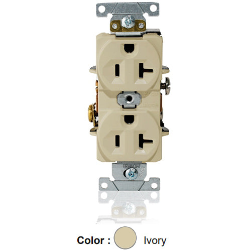 Leviton L5362-I, Standard Straight Blade Duplex Receptacle, Heavy-Duty Industrial Specification Grade, Indented Face, 20A 125V, NEMA 5-20R, 2-Pole, 3-Wire, Single Piece Ground Shunt, Back and Side Wire, Ivory