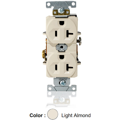 Leviton L5362-T, Standard Straight Blade Duplex Receptacle, Heavy-Duty Industrial Specification Grade, Indented Face, 20A 125V, NEMA 5-20R, 2-Pole, 3-Wire, Single Piece Ground Shunt, Back and Side Wire, Light Almond