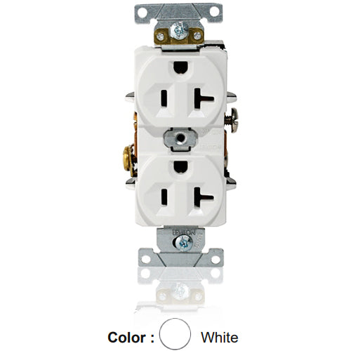 Leviton L5362-W, Standard Straight Blade Duplex Receptacle, Heavy-Duty Industrial Specification Grade, Indented Face, 20A 125V, NEMA 5-20R, 2-Pole, 3-Wire, Single Piece Ground Shunt, Back and Side Wire, White