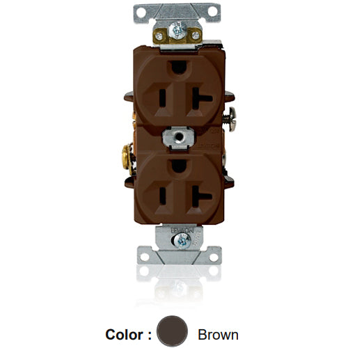 Leviton L5362, Standard Straight Blade Duplex Receptacle, Heavy-Duty Industrial Specification Grade, Indented Face, 20A 125V, NEMA 5-20R, 2-Pole, 3-Wire, Single Piece Ground Shunt, Back and Side Wire, Brown