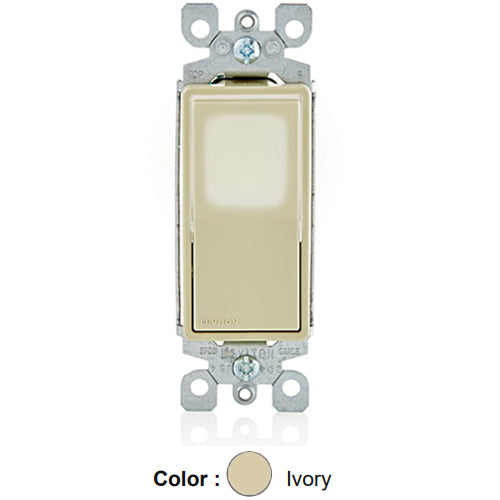 Leviton L5611-2I, Decora LED Illuminated Single Pole AC Quiet Rocker Switch, Residential Grade, 15 Amp, 120/277 Volt, Grounding, Ivory