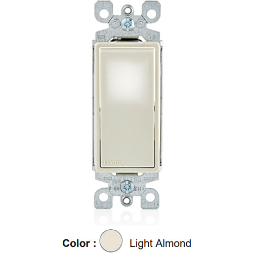 Leviton L5611-2T, Decora LED Illuminated Single Pole AC Quiet Rocker Switch, Residential Grade, 15 Amp, 120/277 Volt, Grounding, Light Almond