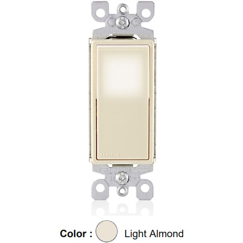 Leviton L5613-2T, Decora LED Illuminated 3-Way AC Quiet Rocker Switch, Residential Grade, 15 Amp, 120/277 Volt, Grounding, Light Almond