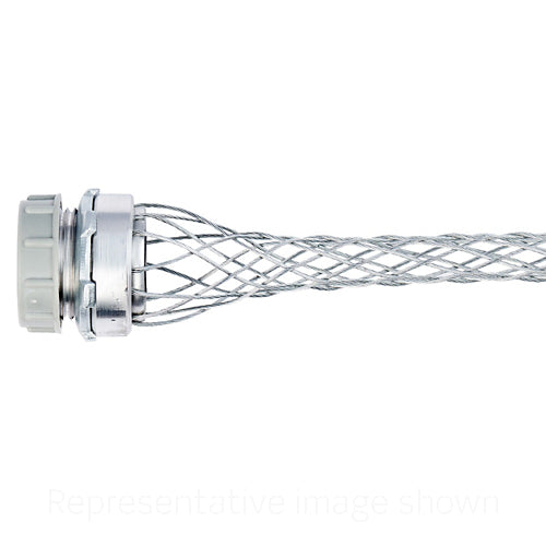 Leviton L7509-100, Insulated Dust Tight Strain Relief Grip, Single Weave, Galvanized Steel Mesh, 1.62''-2.00'' Cable Diameter Range, Aluminum Cord Grip, 2-1/2'' NPT Size, 14.0'' Mesh Length