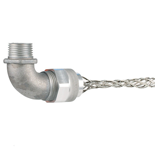 Leviton L7768-100, 90 Degree Deluxe Cord Strain Relief Grip, Multi-Weave (Single/Double), Stainless Steel Mesh, Aluminum Cord Grip, 0.63''-0.75'' Cable Diameter Range, 3/4'' NPT Size, 8.0'' Mesh Length