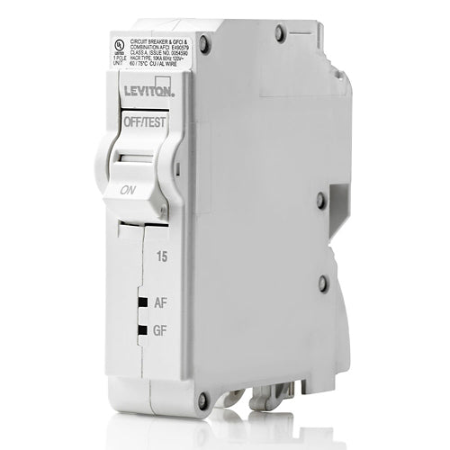 Leviton LB115-DF, 15A 1-Pole AFCI/GFCI Dual Function Branch Circuit Breaker with Hydraulic Magnetic Trip Technology and Plug-On Installation, 120V, 10kA Short-Circuit Rating