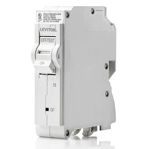 Leviton LB115-GF, 15A 1-Pole GFCI Branch Circuit Breaker with Hydraulic Magnetic Trip Technology and Plug-On Installation, 120V, 10kA Short-Circuit Rating