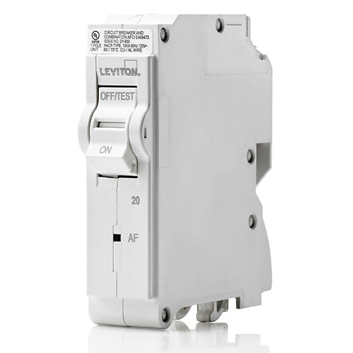 Leviton LB120-AF, 20A 1-Pole AFCI Branch Circuit Breaker with Hydraulic Magnetic Trip Technology and Plug-On Installation, 120V, 10kA Short-Circuit Rating