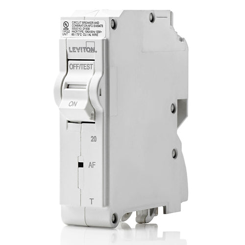 Leviton LB120-AFT, 20A 1-Pole AFCI Branch Circuit Breaker with Thermal Magnetic Trip Technology and Plug-On Installation, 120V, 10kA Short-Circuit Rating