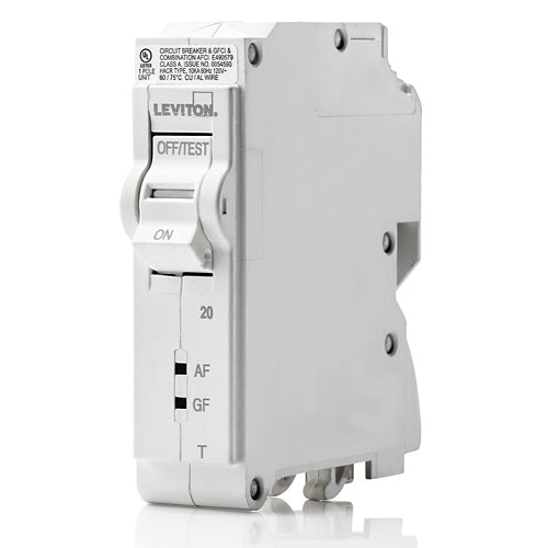 Leviton LB120-DFT, 20A 1-Pole AFCI/GFCI Dual Function  Branch Circuit Breaker with Thermal Magnetic Trip Technology and Plug-On Installation, 120V, 10kA Short-Circuit Rating