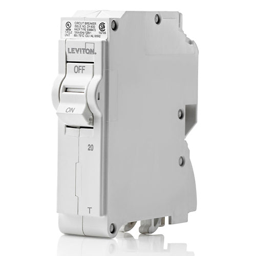 Leviton LB120-T, 20A 1-Pole Standard Branch Circuit Breaker with Thermal Magnetic Trip Technology and Plug-On Installation, 120V, 10kA Short-Circuit Rating