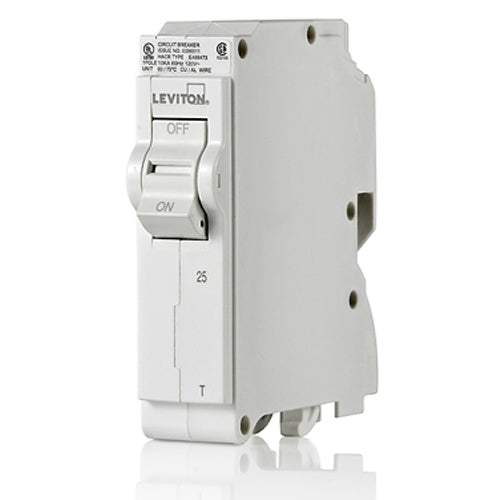 Leviton LB125-T, 25A 1-Pole Standard Branch Circuit Breaker with Thermal Magnetic Trip Technology and Plug-On Installation, 120V, 10kA Short-Circuit Rating