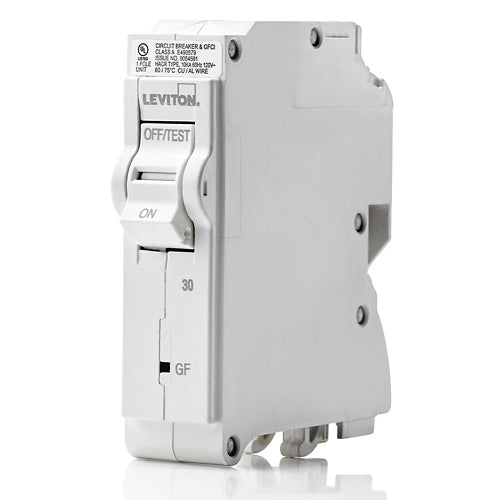 Leviton LB130-GF, 30A 1-Pole GFCI Branch Circuit Breaker with Hydraulic Magnetic Trip Technology and Plug-On Installation, 120V, 10kA Short-Circuit Rating