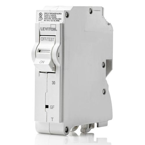 Leviton LB130-EPT, 30A 1-Pole GFPE Branch Circuit Breaker with Thermal Magnetic Trip Technology and Plug-On Installation, 120V, 10kA Short-Circuit Rating