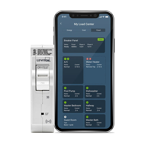 Leviton LB130-GS, 30A 1-Pole Smart GFCI Branch Circuit Breaker with Hydraulic Magnetic Trip Technology and Plug-On Installation, 120V, 10kA Short-Circuit Rating