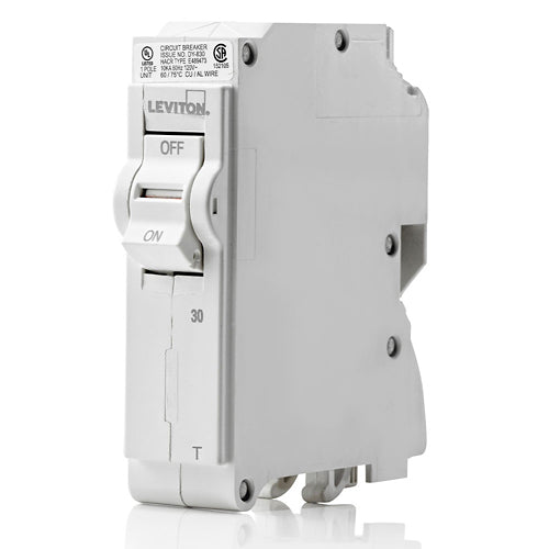 Leviton LB130-T, 30A 1-Pole Standard Branch Circuit Breaker with Thermal Magnetic Trip Technology and Plug-On Installation, 120V, 10kA Short-Circuit Rating