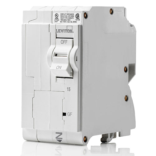 Leviton LB215-EP, 15A 2-Pole GFPE Branch Circuit Breaker with Hydraulic Magnetic Trip Technology and Plug-On Installation, 120/240V, 10kA Short-Circuit Rating