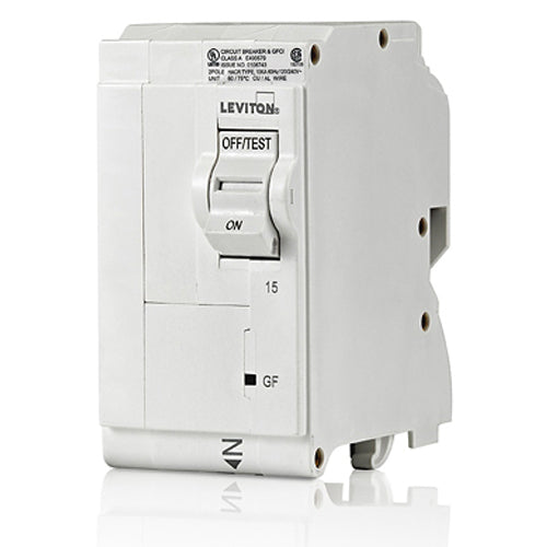 Leviton LB215-G, 15A 2-Pole GFCI Branch Circuit Breaker with Hydraulic Magnetic Trip Technology and Plug-On Installation, 120/208 and 120/240 VAC, 10kA Short-Circuit Rating