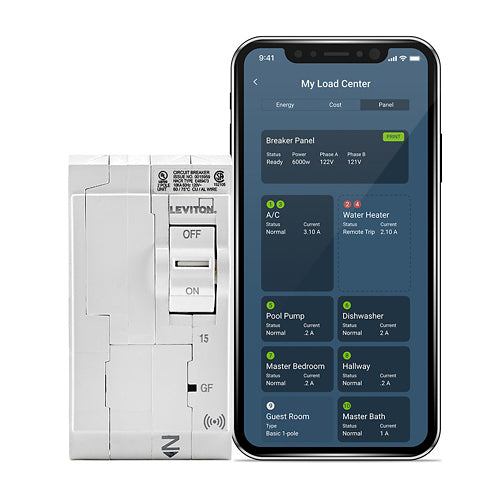 Leviton LB215-GS, 15A 2-Pole Smart GFCI Branch Circuit Breaker with Hydraulic Magnetic Trip Technology and Plug-On Installation, 120/240 VAC, 10kA Short-Circuit Rating