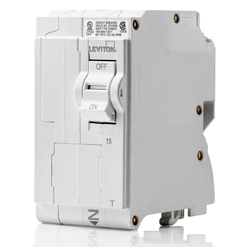 Leviton LB215-T, 15A 2-Pole Standard Branch Circuit Breaker with Thermal Magnetic Trip Technology and Plug-On Installation, 120/208 and 120/240 VAC, 10kA Short-Circuit Rating