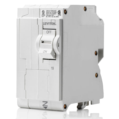 Leviton LB215, 15A 2-Pole Standard Branch Circuit Breaker with Hydraulic Magnetic Trip Technology and Plug-On Installation, 120/208 and 120/240 VAC, 10kA Short-Circuit Rating