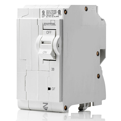 Leviton LB220-EP, 20A 2-Pole GFPE Branch Circuit Breaker with Hydraulic Magnetic Trip Technology and Plug-On Installation, 120/240V, 10kA Short-Circuit Rating